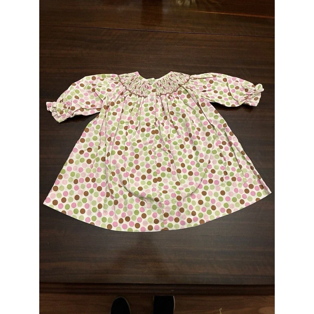 Amanda Remembered W/Smocked Purses. Dotted Pink, Green And Brown Dress. 18 Month